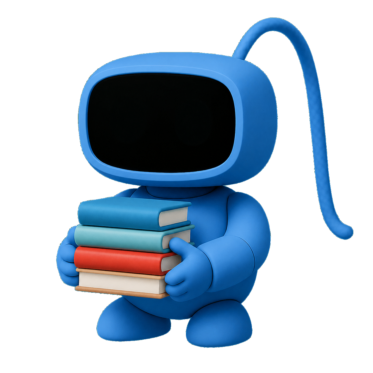 AI robot character holding a stack of books.